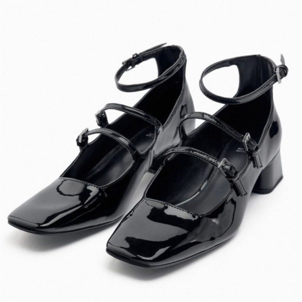 Zara Black Patent Square Toe Ballet Block Buckle Heels Ankle Strap